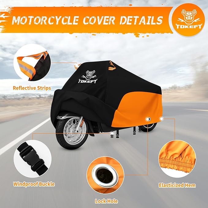 Motorcycle Cover, Heavy Duty Outdoor Waterproof Motorcycle Cover, Motorcycle Scooter Cover with Locking Holes for Yamaha Honda Suzuki Kawasaki up to 104 Inch (XXL Black&Orange)