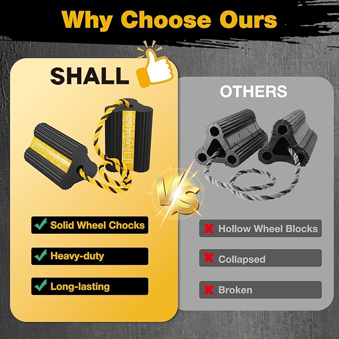 SHALL Wheel Chocks, Heavy Duty Rubber Wheel Chocks with 3 Reflective Strips, Solid Block Stopper for RV Trailer Camper Truck Car Aircraft, 2 Pair/4 Pack with Rope, Yellow