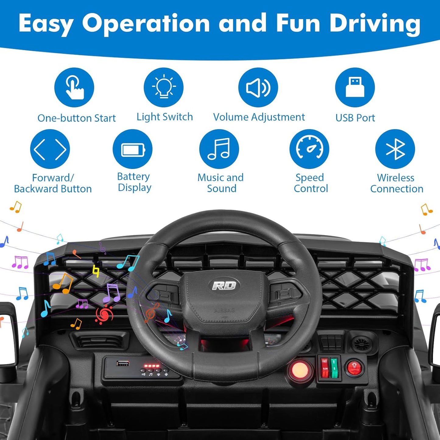 Costzon Kids Ride On Truck, 12V Battery Powered Electric Vehicles w/Remote Control, Spring Suspensions, 3 Speeds, Music, Lights, Wireless Connection, Ride on Car for Boys & Girls 3+ (Black)