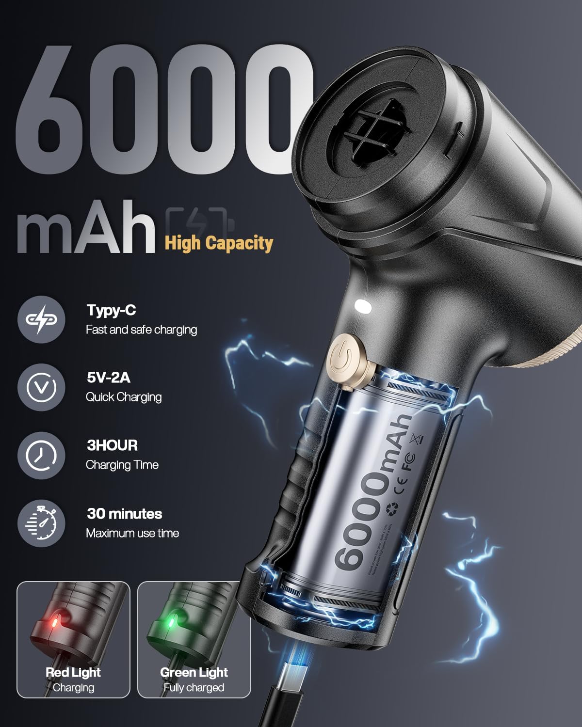 Handheld Car Vacuum Portable Cordless, 21000Pa High Power Handheld Vacuum with 2 Gear Adjustment - Brushless Motor，4 in 1 Air Duster and Vacuum Cleaner with LED Light，Dual Filters，for Home Car Office