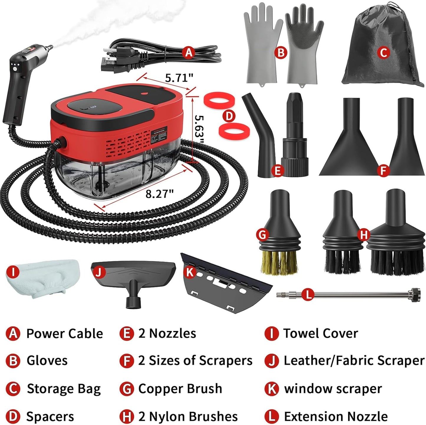 Handheld Steam Cleaner for Home, 2500W High Temperature Pressurized Machine, 1.6L Water Tank, Handle-controlled Steam Output, Portable Cleaning Steamer for Car, Bed Bugs, Furniture, Grout (Red)