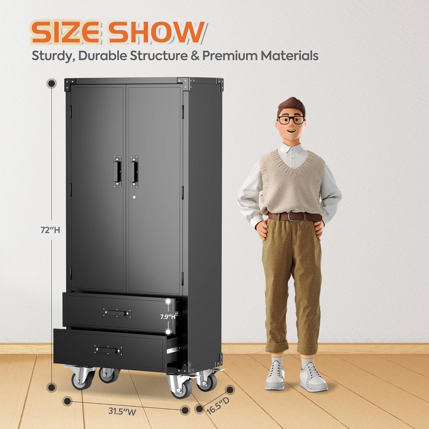 Rolling Storage Cabinet with 2 Doors and 2 Drawers, Heavy Duty Metal Storage Cabinet with Shelves, Locking Steel Cabinet for Warehouse, Home, Office (Black)