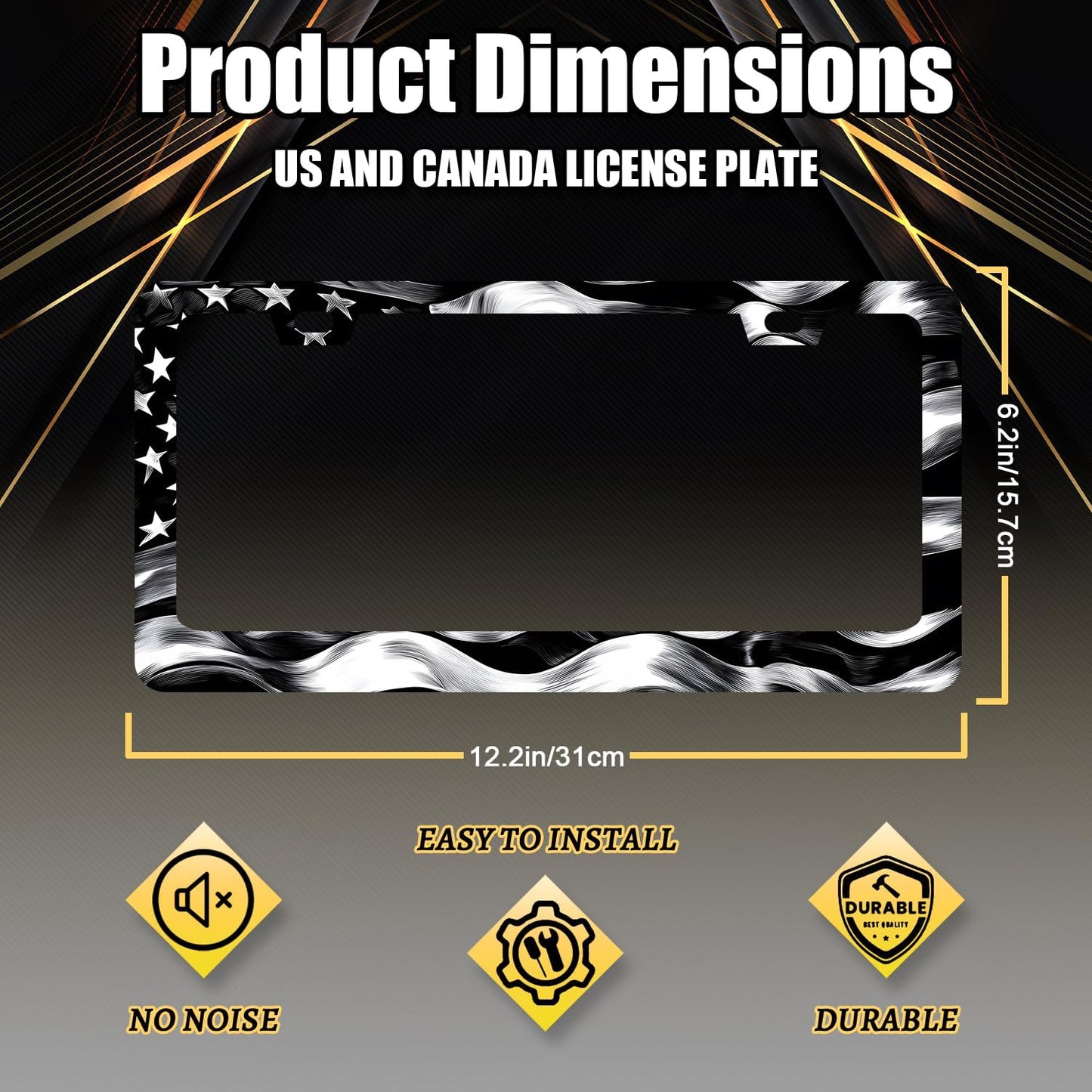 Black White American Flag License Plate Frame Patriotic USA Flag License Plate Stainless Steel Funny Black Accessories Cars Decor 12.2 X 6.2 Inch with 2 Holes and Screws Fits Standard Us Ca Vehicles