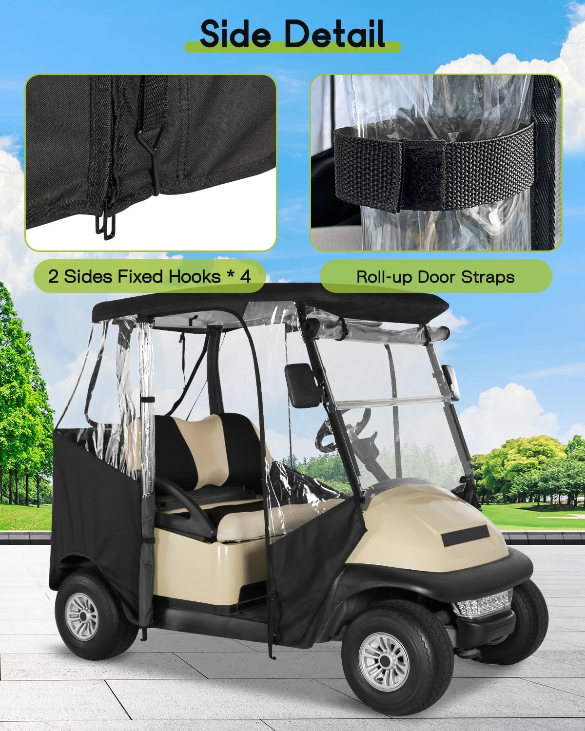 Golf Cart Enclosure 2 Passenger for Club Car Precedent & Tempo & Onward 2-Person Seaters Waterproof Transparent Driving Rain Enclosure Cover with 4-Sided Clear Windows Mirror Zipper Roll-Up Door Black