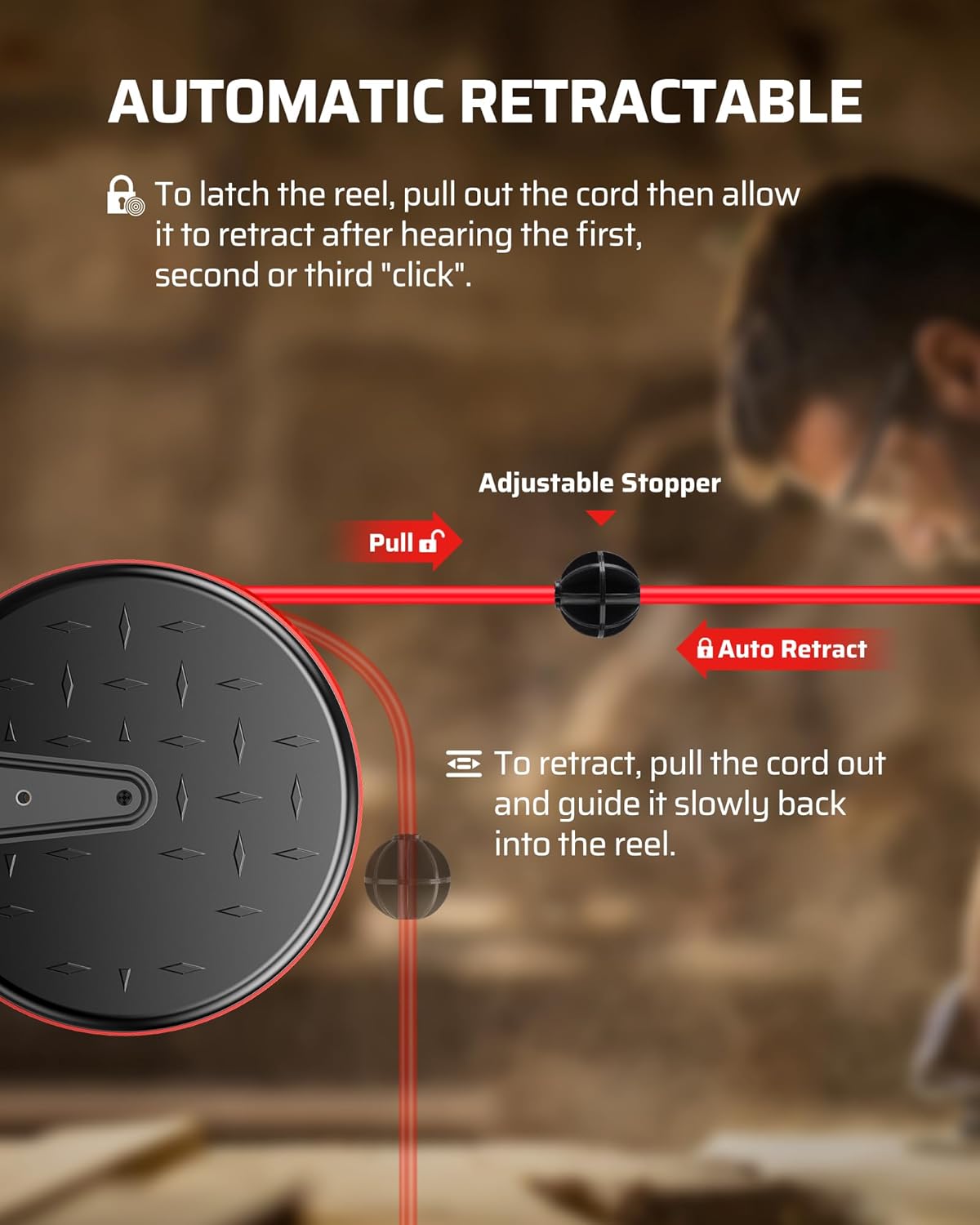 DEWENWILS 30FT Extension Cord Reel, 16/3 Gauge SJTW Power Cord, Retractable Cord Reel with 3 Outlets, Ceiling/Wall Mount for Garage, Workshop, 10A Circuit Breaker, Metal Plate, UL Listed, Red