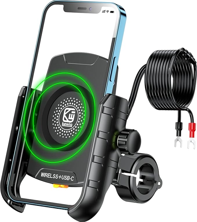 BRCOVAN Motorcycle Phone Mount Holder with Qi 15W Wireless Charger & PD/USB-C 20W Fast Charging Port, Waterproof Cellphone Cradle with Aluminum Alloy Handlebar Mounting Base for 4-8" Smartphone