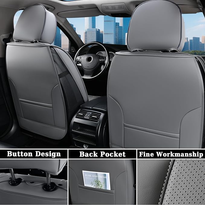 Coverado Car Seat Cover Full Set, Waterproof Front and Back Seat Covers for Cars, 5-Pack Leather Seat Covers, Car Seat Protectors, Driver Seat Cushions Fit for Most Vehicles Gray