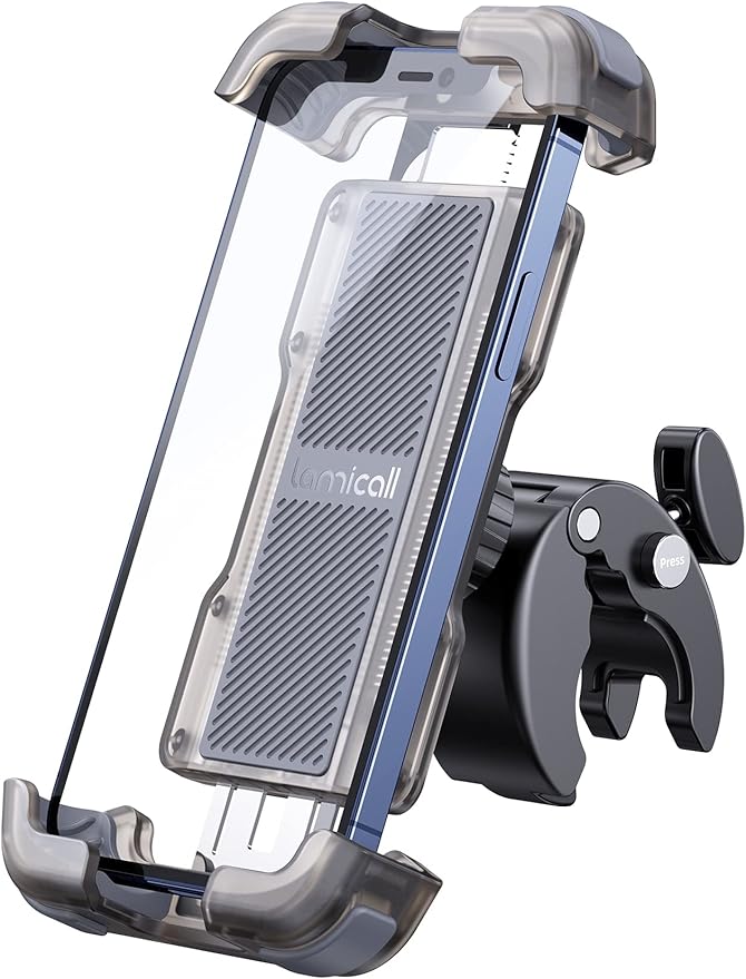 Lamicall Motorcycle Phone Mount, Bike Phone Holder - Upgrade Quick Install Handlebar Clip for Bicycle Scooter, Cell Phone Clamp for iPhone 17 16 15 Pro Max, Galaxy, 4.7-6.8" Phones, Transparent Gray