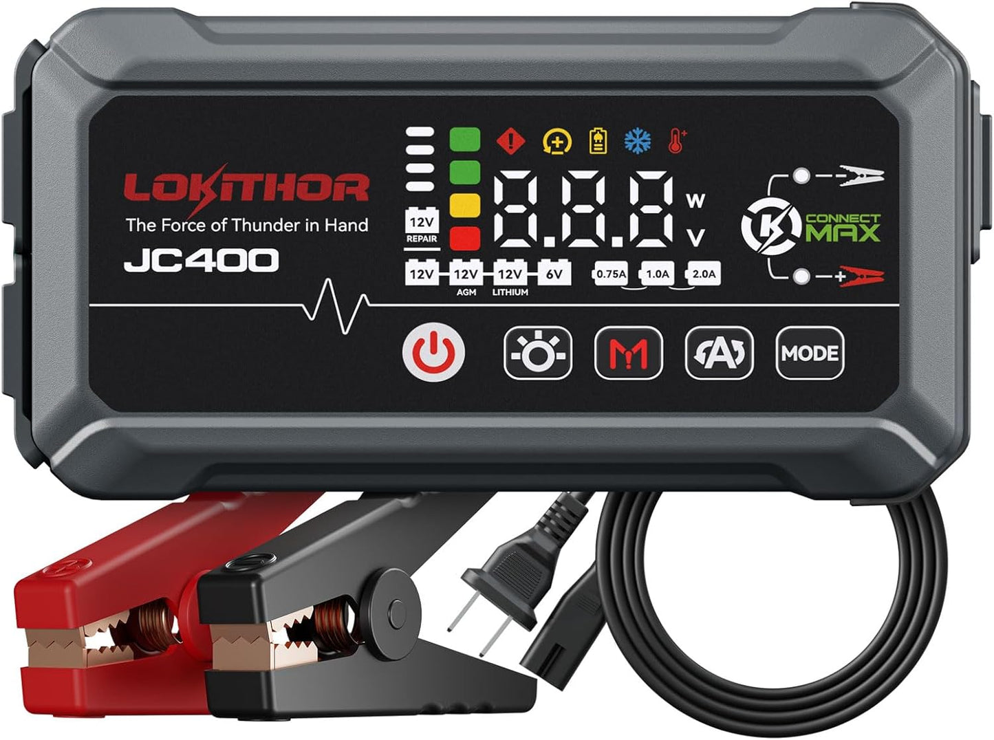 JC400 9-in-1 Battery Charger and Jump Starter, 2500A 12V Portable Jump Box for Car Upto 8.5L Gas/6.5L Diesel, 750mA/1A/2A, 6V/12V Automotive Battery Maintainer, Trickle Charger and Desulfator