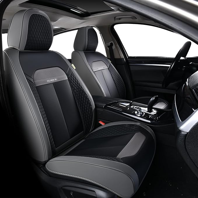 FLORICH 2 Pair Car Seat Covers, Luxury Leather Seat Covers Universal Anti-Slip Driver Seat Cover, Automotive Vehicle Seat Covers fit for Trucks Vans SUVs Sedans (2 Packs, Gary&Black)