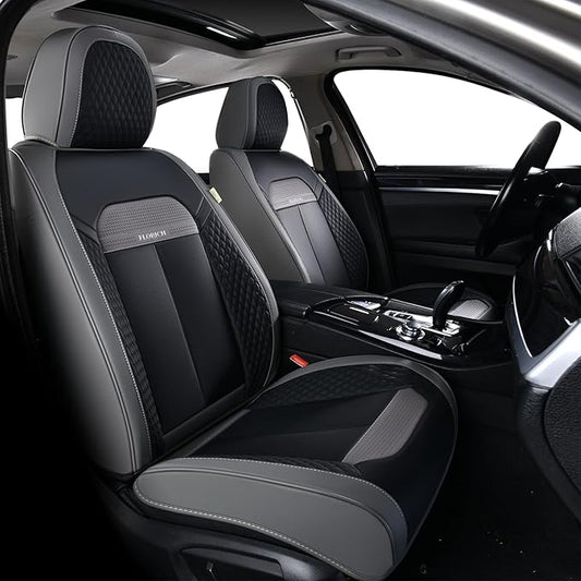 FLORICH 2 Pair Car Seat Covers, Luxury Leather Seat Covers Universal Anti-Slip Driver Seat Cover, Automotive Vehicle Seat Covers fit for Trucks Vans SUVs Sedans (2 Packs, Gary&Black)