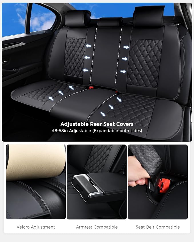 Huidasource Back Seat Cover, Split Rear Seat Cover Leather, Automotive Vehicle Car Back Seat Cover Fit for Most Cars Sedan SUV Pickup Truck, Fit for Acura Honda City Nissan (Back Row/Black)