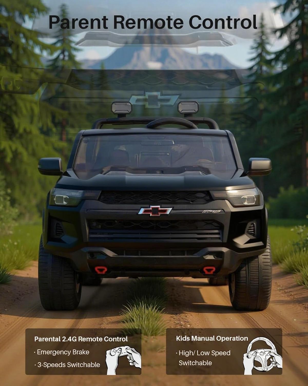 Joywhale 24V Ride on Truck 4WD Kids Electric Vehicle Licensed Chevorlet Ride on car with 7AH Big Battery, 320W Powerful Motors, 2 Seats, Music, 4 Wheel Suspension, 2 Speeds, LED Lights,Black