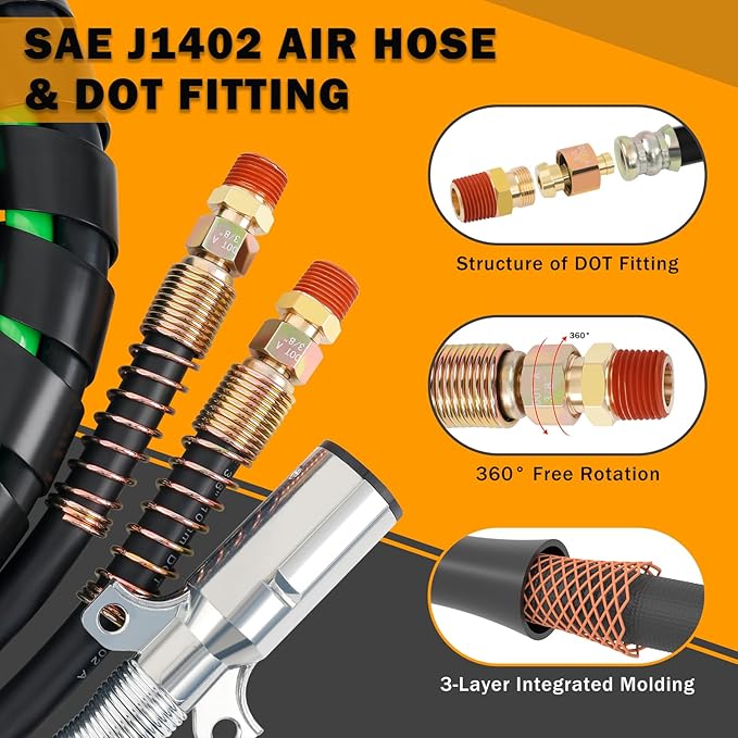 13.5 FT Semi Truck Air Lines Kit 3IN1 Trailer Cord and Air Brake Hoses Assembly Without Rubber Gladhand Handles for Semi Truck Trailer Tractor