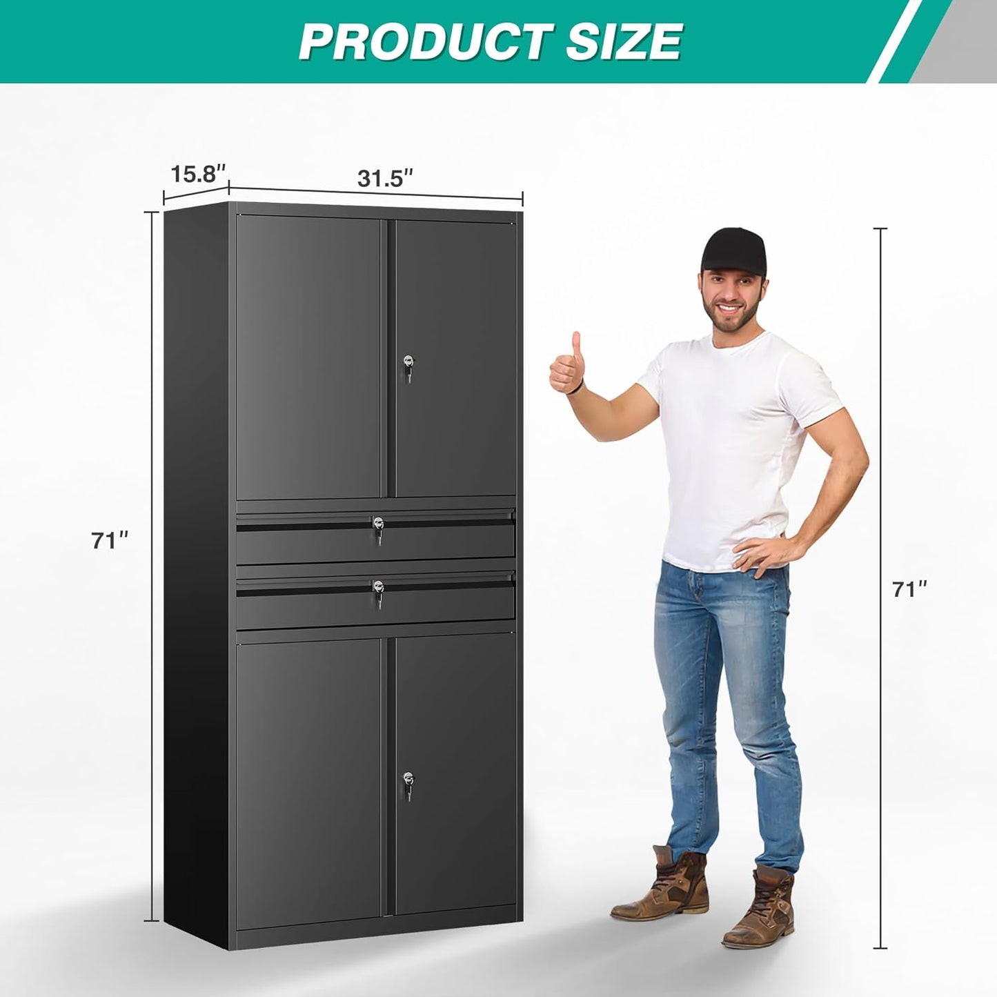 Metal Storage Cabinet with Drawer and Locks,Black Garage Storage Cabinet with Locking Doors and Adjustable Shelves,71" Tall Large Metal Cabinets with Magnetic Door for Home,Office,Garage