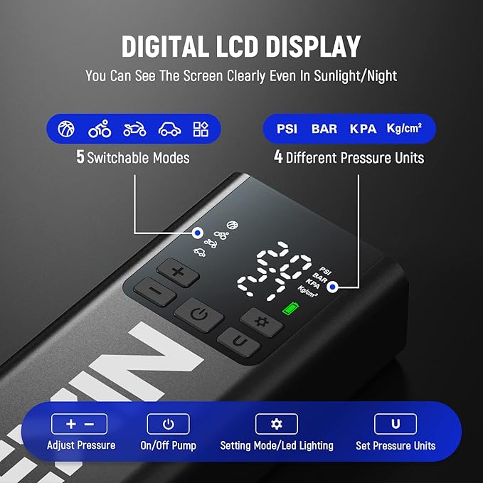 LEXIN P5 Tire Inflator Portable Air Compressor, 150PSI Electric Air Pump for Car Tires, w/Pressure Gauge&LED Light, 5000mAh Cordless Smart Pump for Car/Motorcycle/Bike/Bicycle/Scooter/Ball, Alloy