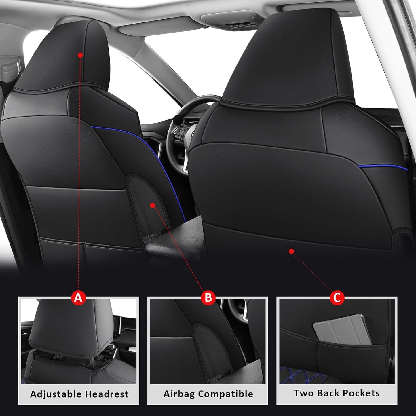 MIROZO Seat Covers for Rav4 Non-Hybrid,Faux Leather Car Seat Covers Compatible with 2019-2025 Toyota RAV4 LE,XLE,XLE Premium,Limited (Black and Blue,Not for Hybrid,Adventure&TRD-Off)