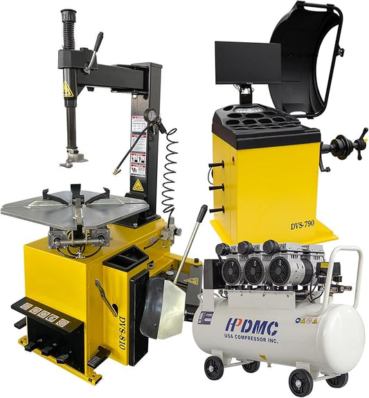 21'' Rim 1.5HP Tire Changer and 10''-24'' Rim Tire Balancer Combo and 3HP Oil-Free Air Compressor for Tire Repair and Wheel Balancing Garage Shop Equipment w/ 1 Year Full Warranty