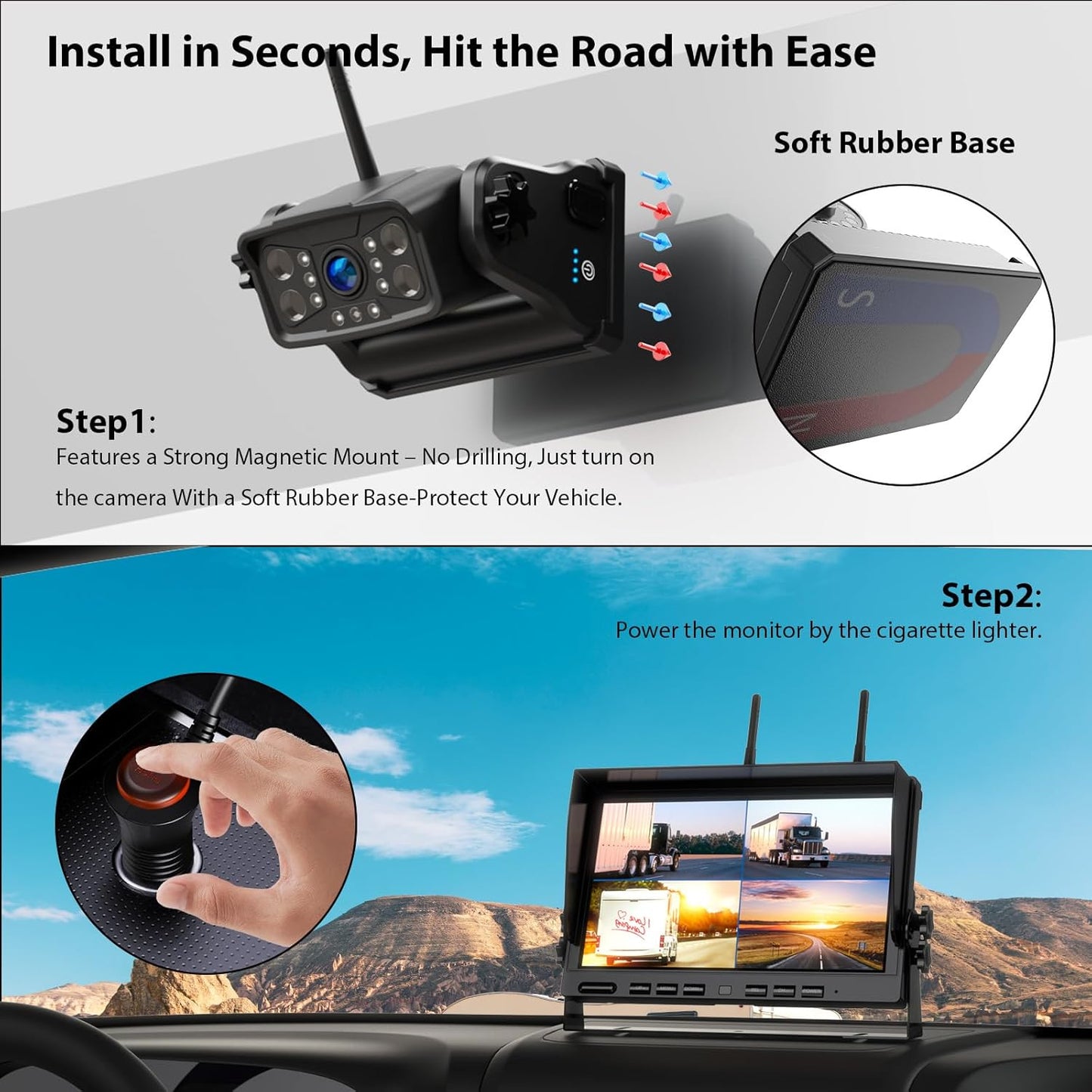 Magnetic Wireless Backup Camera: 10" HD 1080P DVR Monitor with 2 Rear View 2 Side View Cameras for Travel Trailer/Fifth Wheels/RV/Camper, Portable Rechargeable Battery BC104