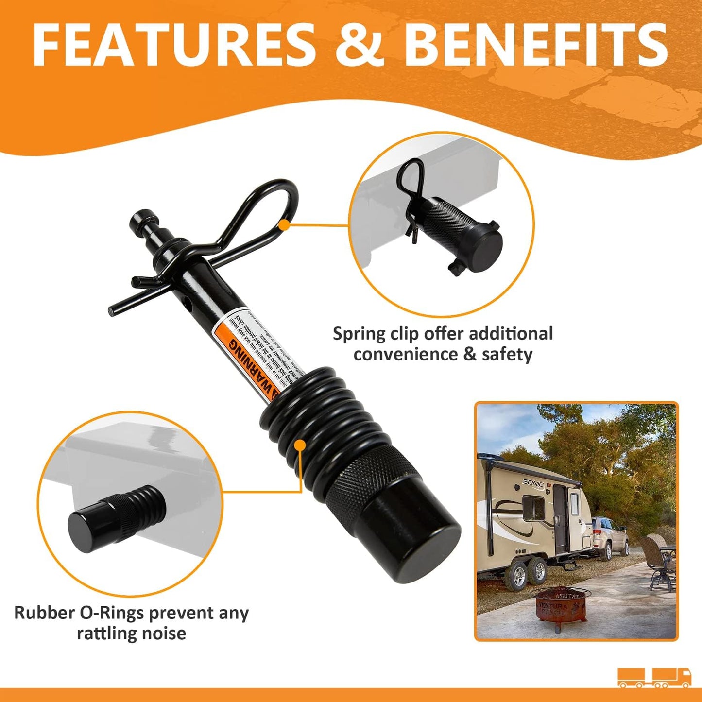 Trailer Hitch Pin Lock Set 1/2 Inch and 5/8 Inch with 2 Locking System, 4" Long Span with Extra 3/4" Dia Adaptor Locking Hitch Pin and Anti-Rattle O-Rings for Class I-V Hitches