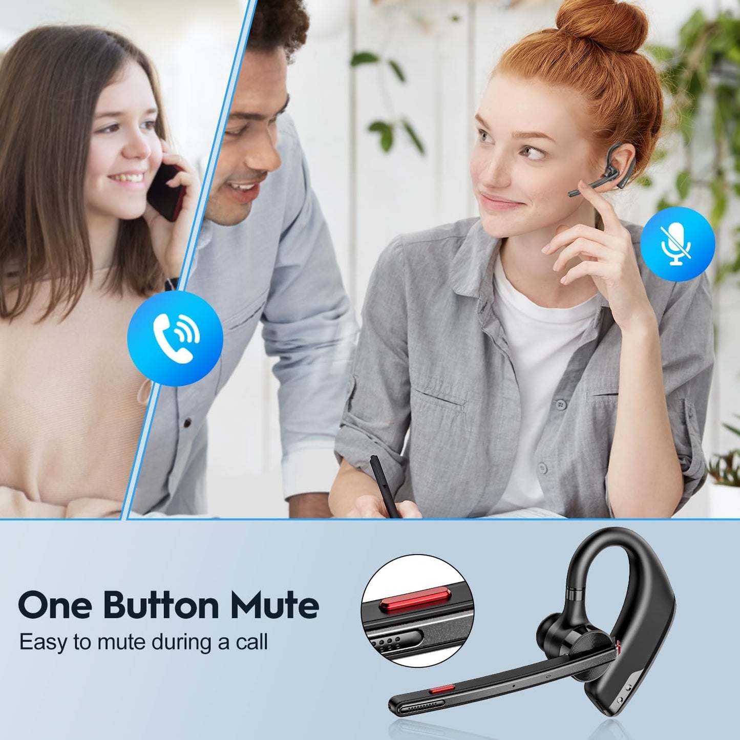 New bee Bluetooth Headset, Wireless Bluetooth Earpiece for Cellphone with 500mah Charging Case 80h Playtime V5.2 Dual Mic Noise Cancelling Hands-Free Earphones for Office Driver