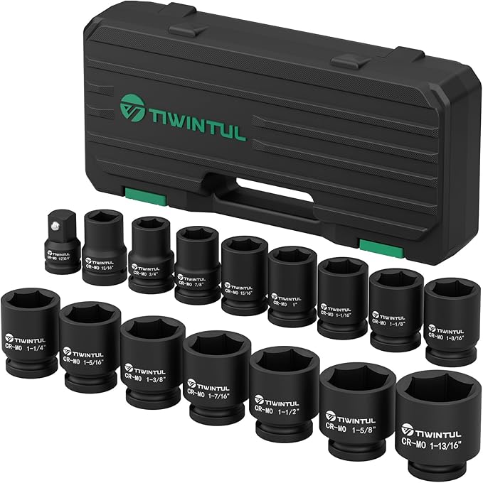 3/4" Drive Shallow Impact Socket Set, 16PCS 6-Point SAE (3/4” to 1-13/16”), 13/16” Square Socket, Heavy Duty Impact Socket Set with 1/2"F to 3/4"M Adapter for Auto, Truck, Large Equipment