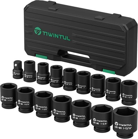 3/4" Drive Shallow Impact Socket Set, 16PCS 6-Point SAE (3/4” to 1-13/16”), 13/16” Square Socket, Heavy Duty Impact Socket Set with 1/2"F to 3/4"M Adapter for Auto, Truck, Large Equipment