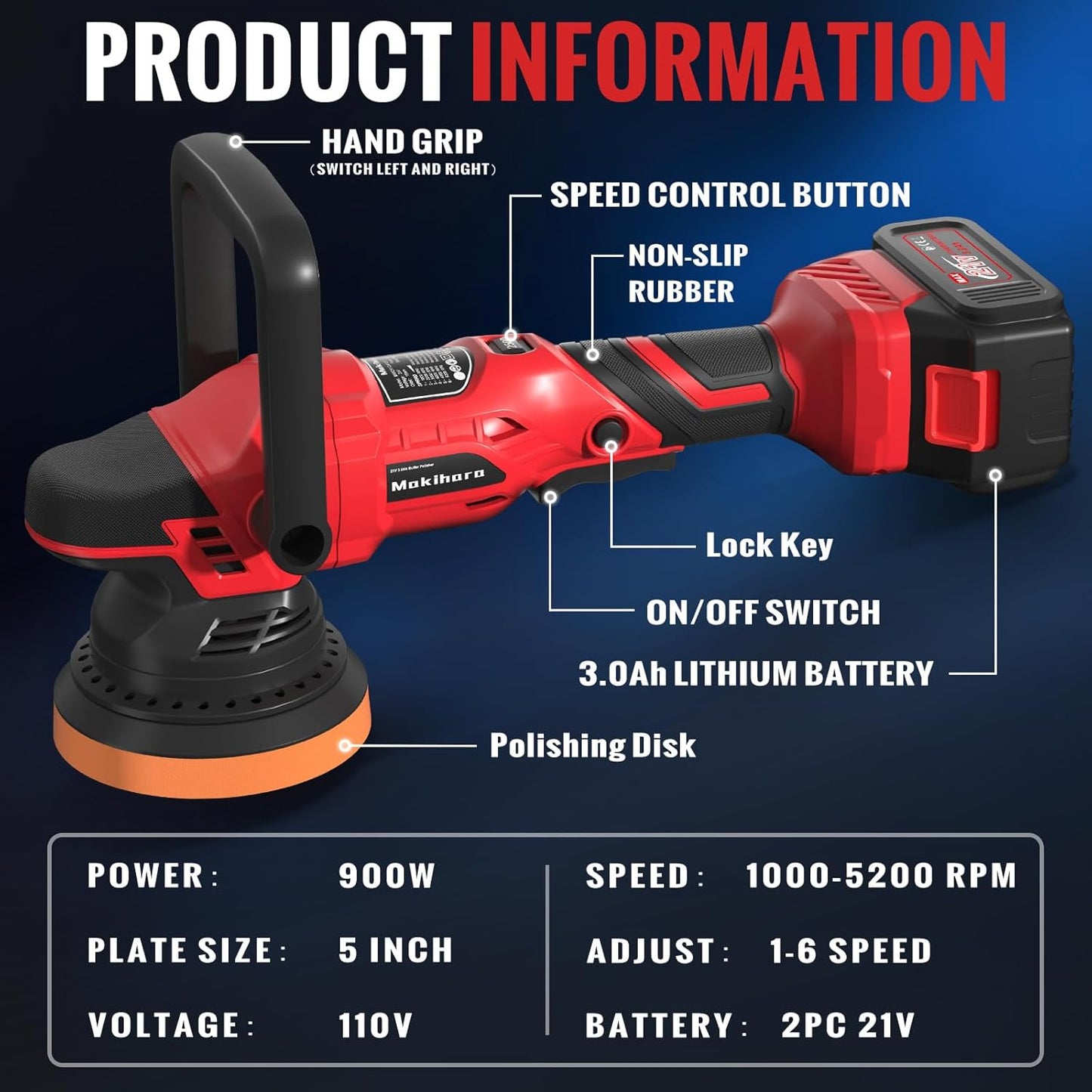 Cordless Buffer Polisher, 5 Inch Random Orbital Car Buffers Waxer and Polishers Kit, 6 Variable Speed 1000-5200 RPM, 21V 3.0Ah Batteries ,for Car Detailing, Waxing, Boat Sanding, Scratch Removing
