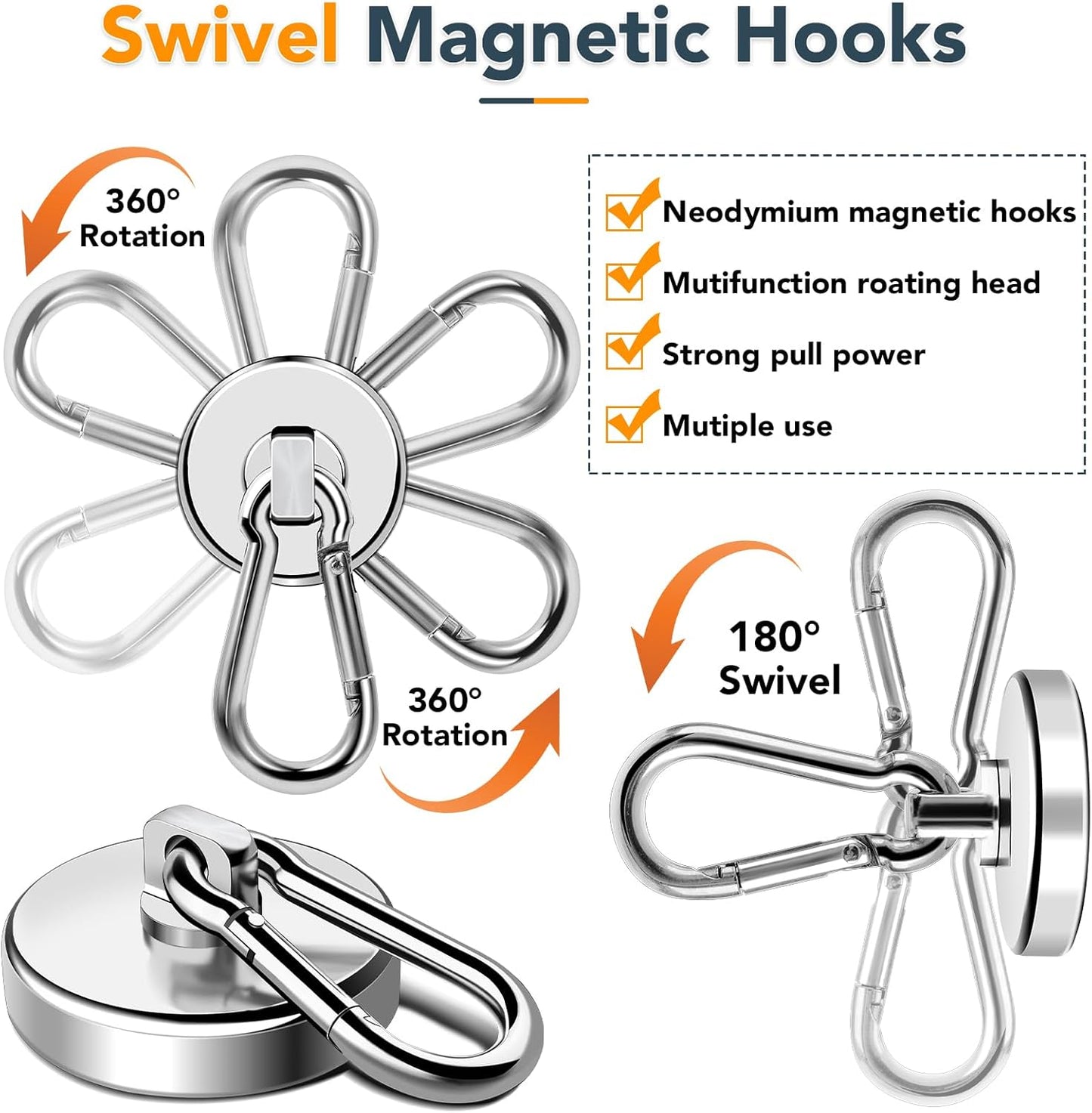 MIKEDE Strong Magnetic Hooks Heavy Duty, 200LBS+ Swivel Neodymium Magnets with Carabiner Hook, Hooks for Hanging, Curtain, Home, Workplace - 4 Pack