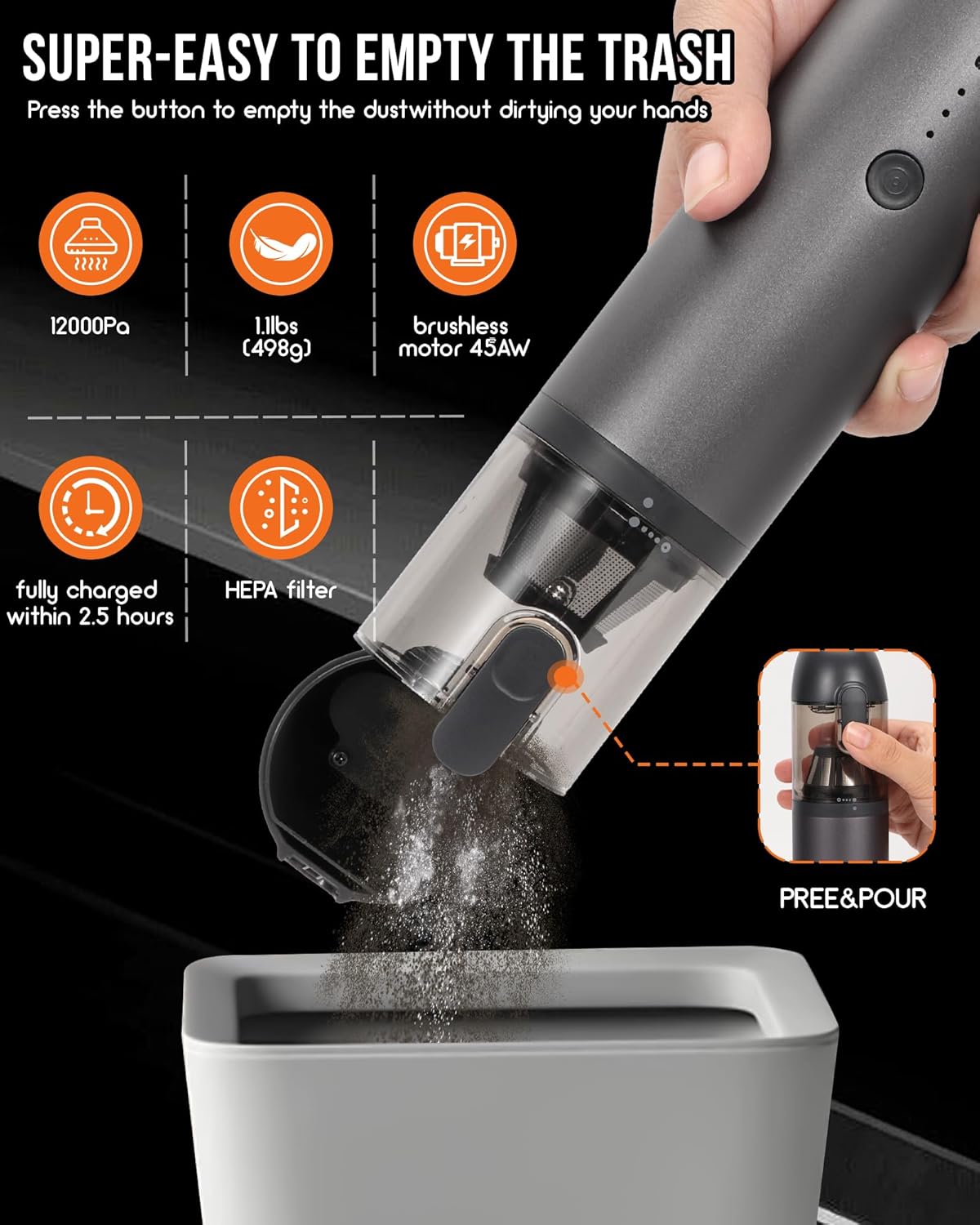 Car Vacuum, Aluminum Alloy V8 Handheld Vacuum Portable, Durable Cordless Vacuum with 16000PA Suction Power, Easy to Clean, Vaccum for Car, Office Desk, Keyboards