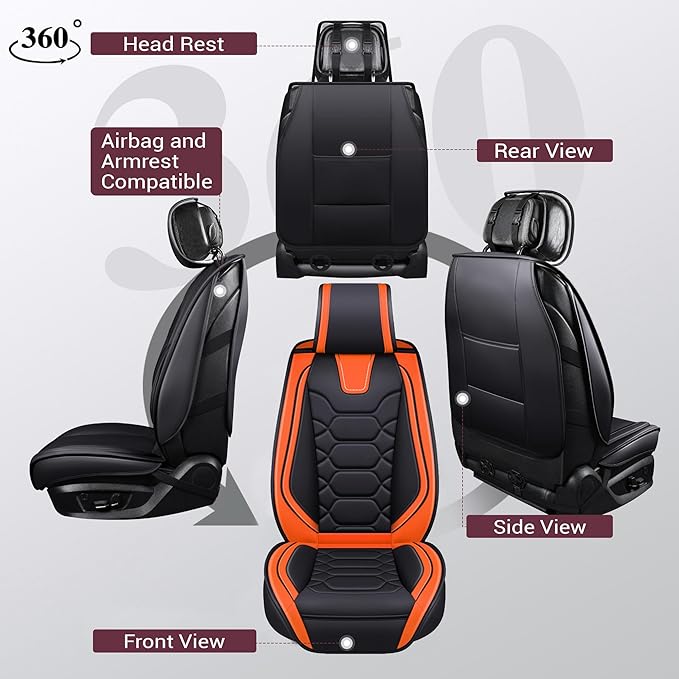 OASIS AUTO Car Seat Covers Full Set, Waterproof Faux Leather Seat Covers for Cars Universal Fit for SUV, Truck, Sedan, Black Premium Car Seat Protector with Front & Back Cushions (OS-004 Black&Orange)