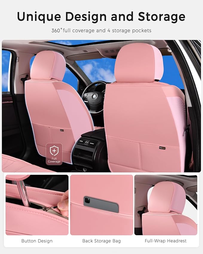 Huidasource Pink Seat Covers, Nappa Leather Car Seat Covers, Velcro Adjustable, Compatible with Airbags, Armrests, Child Seat, Seat Belts, Fit for Most Cars, Vans, Trucks, SUVs (Full Set/Pink)