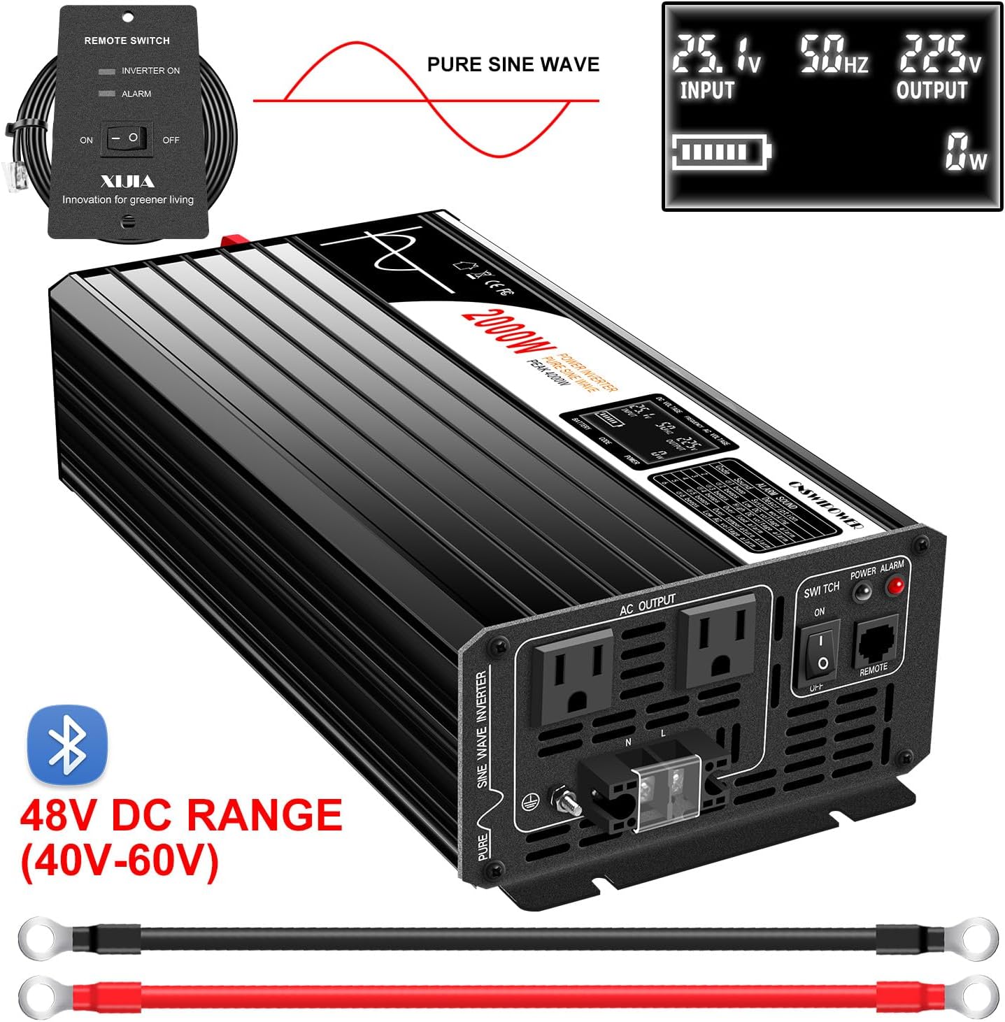 Xijia 2000w(Peak Power 4000W) dc 48v to ac 120v Inverter Pure sine Wave 60HZ Converter with Bluetooth Remote Control LCD Screen 2 AC outlets for Camping, Boat,Outdoor (DC48V (Range 40V-60V) 2000W)