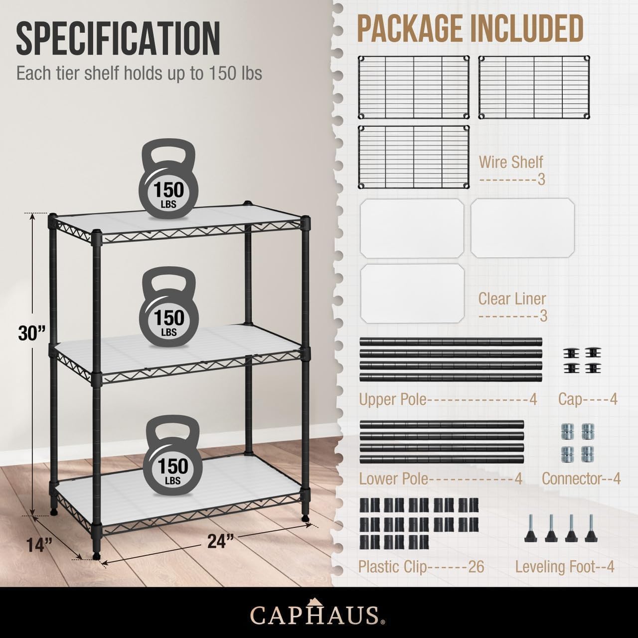 CAPHAUS NSF Black Adjustable 3-Tier Shelf Wire Shelving Unit w/Liner, Garage & Basement Storage Organizer, Metal Steel Shelves