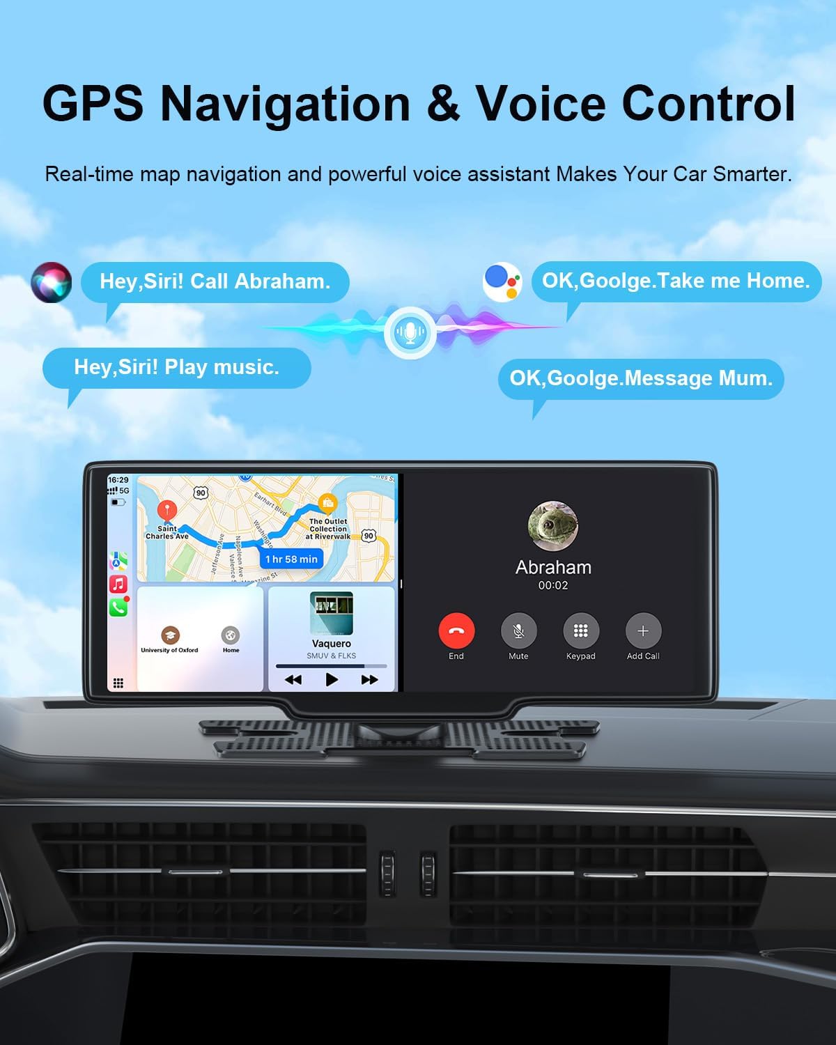 Portable Carplay Screen 10.26'' HD IPS Apple Carplay & Android Auto Screen for Car, Wireless Car Play Stereo with 4K Dash Cam/1080P Rear Camera, Car Audio Receivers,GPS Navigation,Mirror Link,FM,Siri