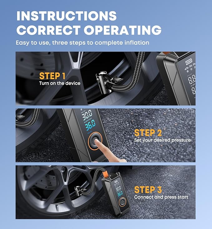 Tire Inflator Portable Air Compressor - Cordless & DC Inflation 4X Faster 150 PSI Portable Pump for Cars Bikes Motorcycles Balls with Pressure Gauge Function Air Compressor Tires Pump