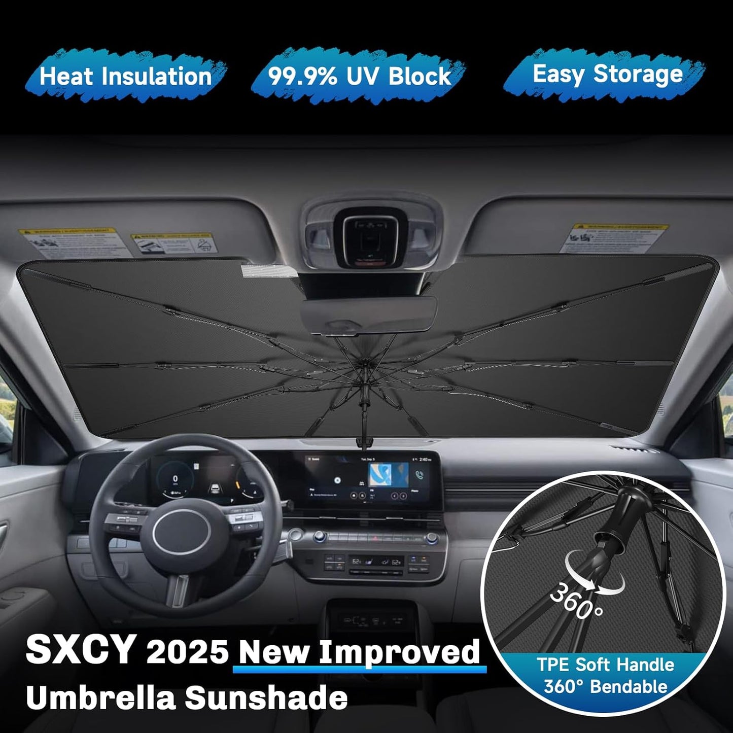 SXCY for 2024 2025 Hyundai Kona Windshield Umbrella Sunshade [Easier Foldable] for 2024 2025 Hyundai Kona Accessories 2025 Kona Sunshade Umbrella 2025 Kona Windshield Umbrella Sun Shade