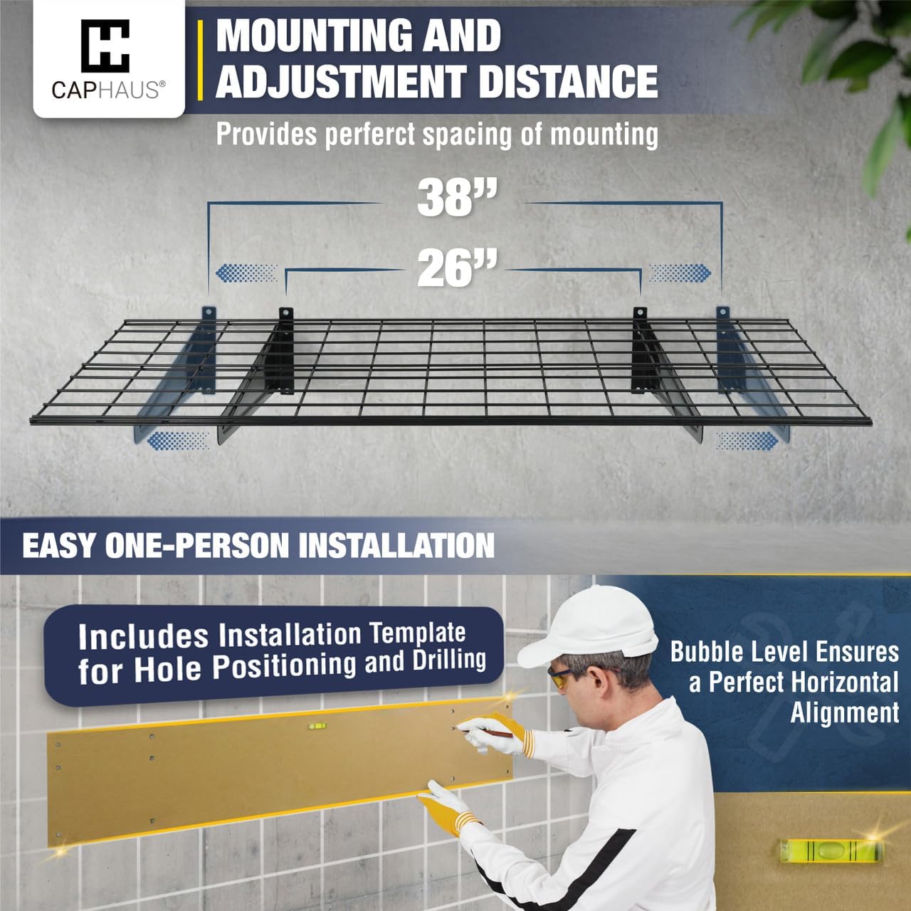 Fencer Wall Mounted Garage Shelving - 96" W x 18" D, 4 Hooks, White, Heavy Duty, 1000lb Capacity
