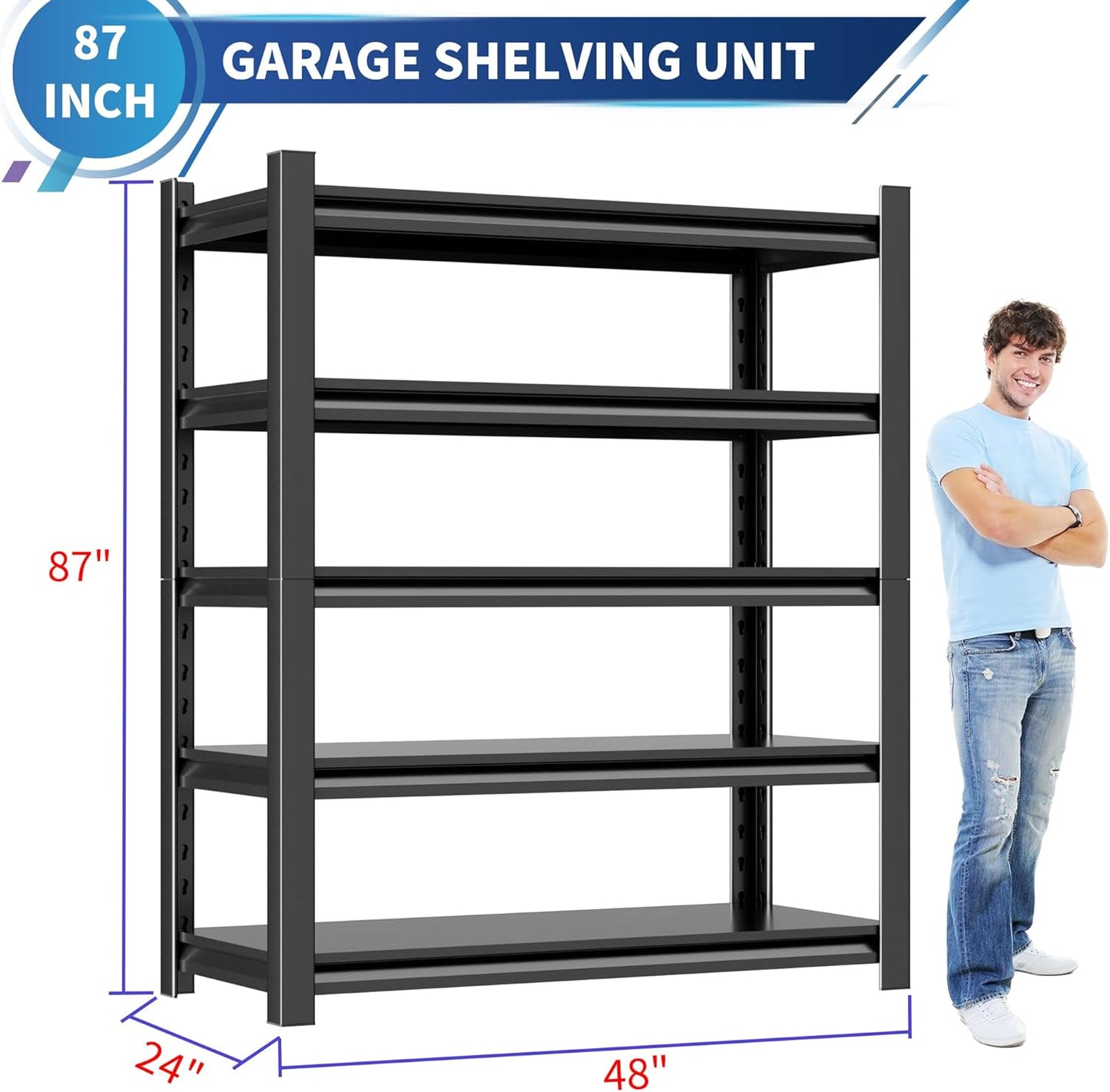 5-Tier Heavy Duty Metal Garage Shelving Unit, 24" D x 48" W x 87" H, Industrial Style, Adjustable Shelves, 3000 lbs Capacity