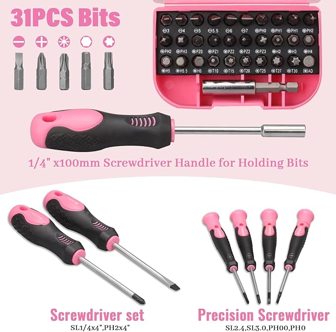 450-Piece Pink Tool Set, Home Tool Kit with Toolbox Storage Case Home Repair Tool Kit with Drawer for Women