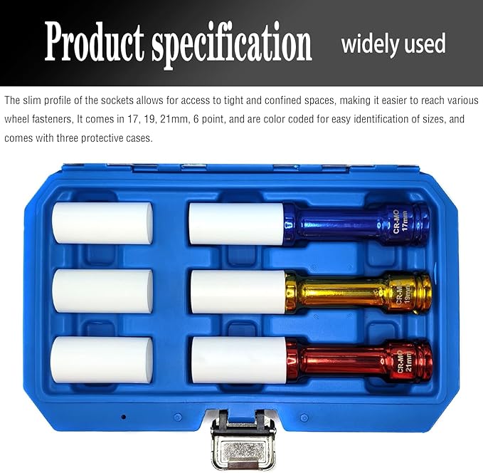 3Pcs Lug Nut Socket Set 1/2" Drive Impact Tools, Power Impact Lug Nut Socket, Non-marring & Extra-Long Thin Wall Wheel Protector Impact Deep Socket, Inch Sizes 17mm, 19mm, 21mm