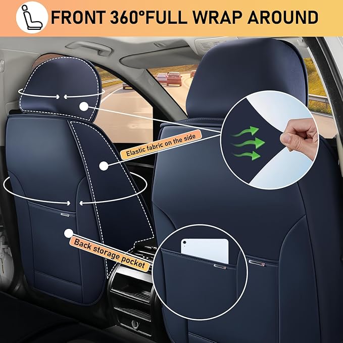 Car Seat Covers Fit for Toyota Highlander 2000-2025 | 7 Seat Car Seat Cover | No-Slip Waterproof Breathable Faux Leather Automotive Seat Covers Auto Interior Covers Blue White,Full Set