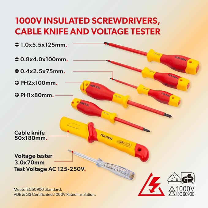 TOLSEN Insulated Screwdriver & Pliers Set: 11-Piece VDE Insulated Set, 1000V Insulated Electrician Tool Set with Insulated Phillips and Slotted Screwdrivers, Insulated Pliers and Cable Knife