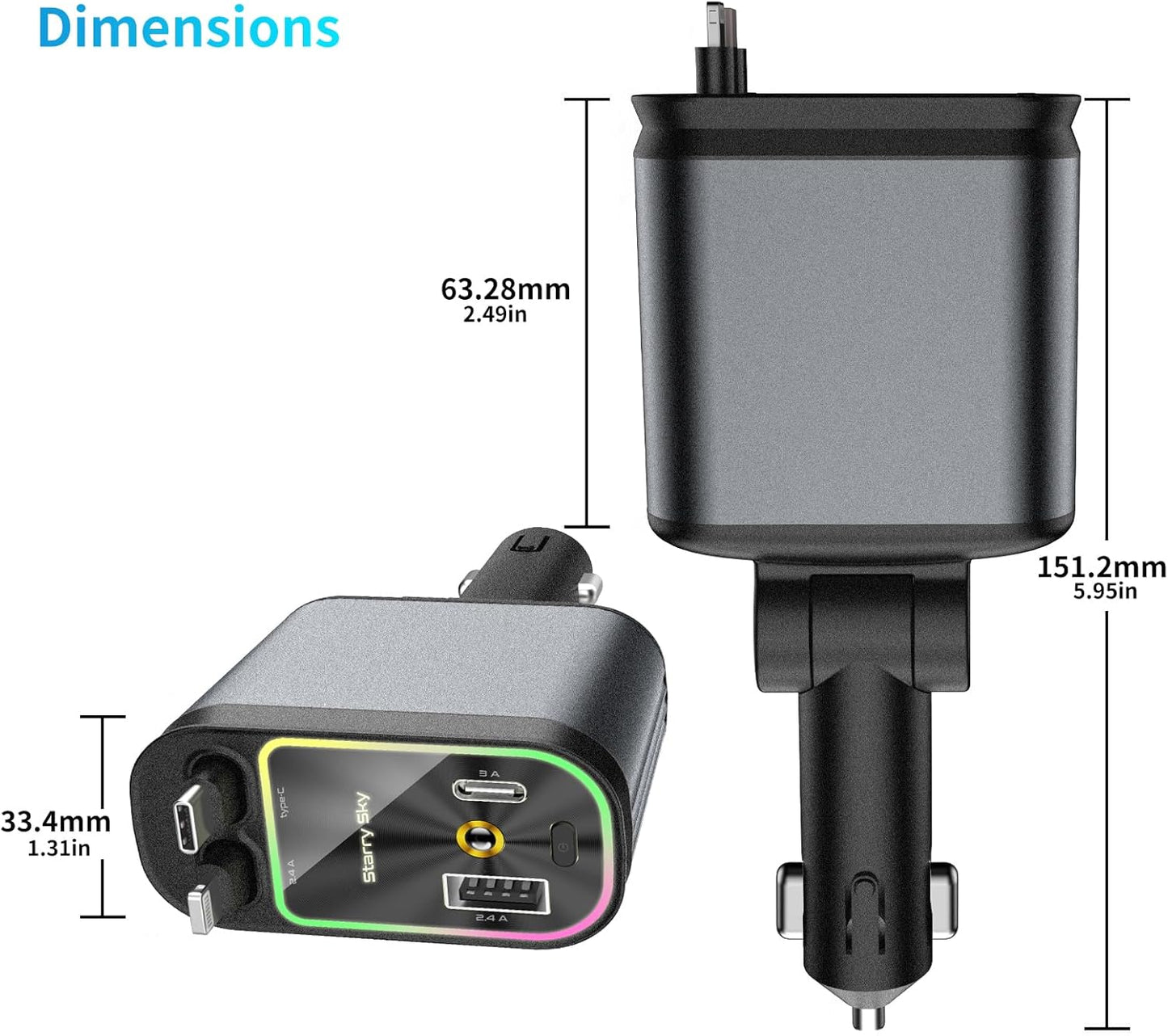 MLVOC Starlight Retractable 66W USB C Car Charger, 4-in-1 Fast Charging Adapter with Dual USB Ports, PD & QC 3.0 for iPhone, Samsung, Android (Black)