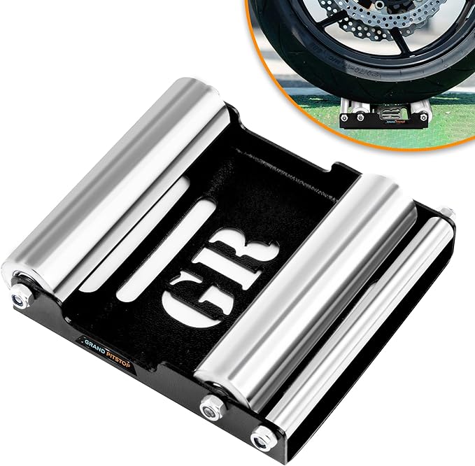 GRAND PITSTOP Motorcycle Roller Wheel Cleaning Stand - Paddock Stand Replacement - Wheel Roller Stand with Ramp Support for tire Cleaning & Chain Lubrication (Black Roller Medium)