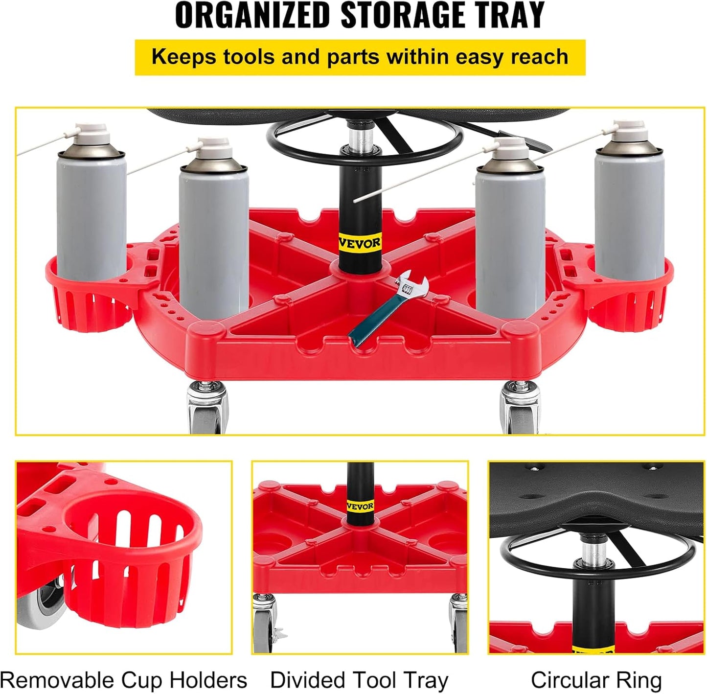 VEVOR Rolling Garage Stool, 300LBS Capacity, Adjustable Height from 18 in to 23 in, 360-degree Swivel Wheels (4"), Large Tool Tray with Two Bottle Holder, for Workshop, Auto Repair Shop, Red