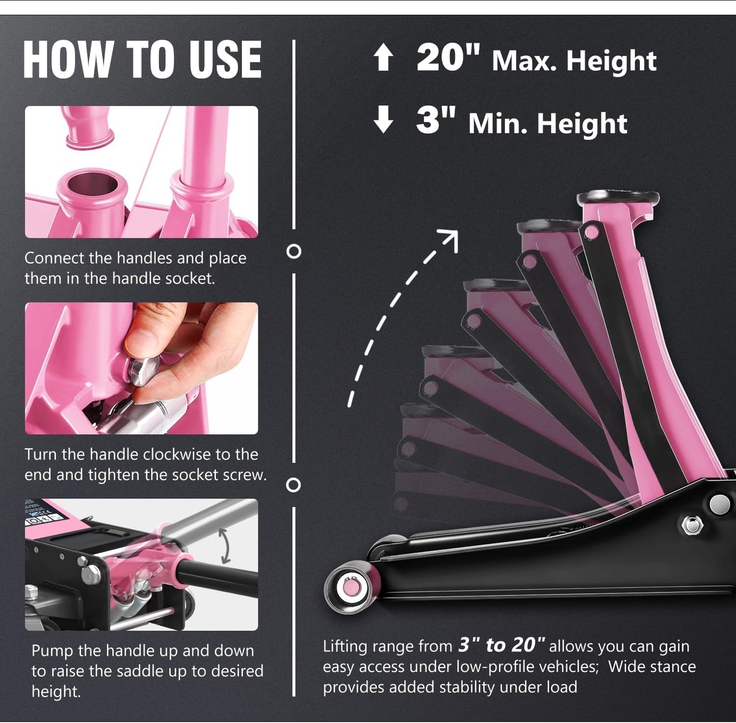 DNA MOTORING Low Profile Hydraulic Trolley Service/Floor Jack, 3 Ton (6000 lbs) Capacity, Lifting Range 3"-20", Pink, TOOLS-00475-PK