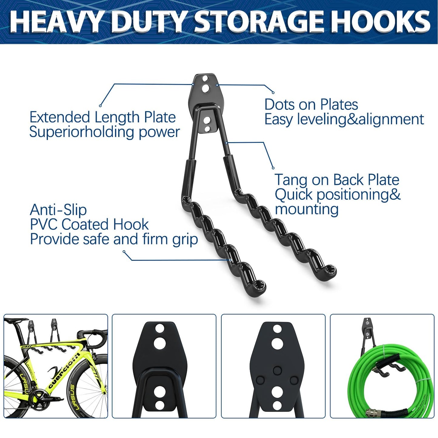 3-H Garage Hooks Heavy Duty with 2 Storage Straps, Utility Garage Wall Mount Hooks for Garden, Ladders, WeedEater, Shovel(Black)