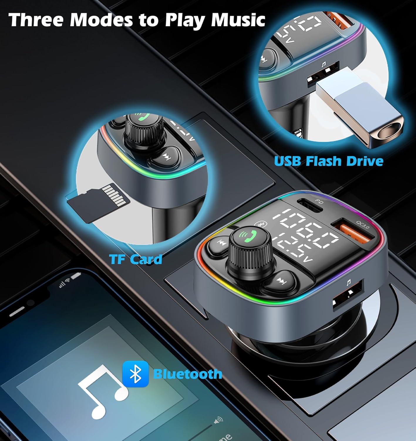 LIHAN AUX USB C Bluetooth Car Adapter, Wireless Handsfree Call, FM Transmitter Radio Receiver, QC3.0 & Type-C Car Charger, 7 Color Backlit with 2 LED Displays, TF Card & Music Stereo Player