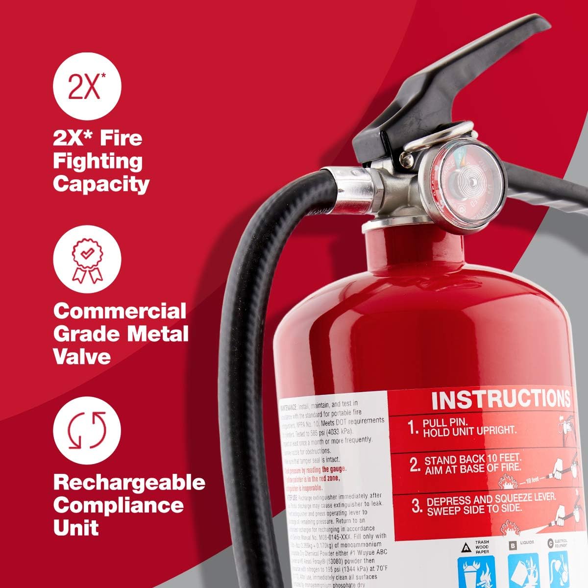 First Alert Fire Extinguisher for Home & Commercial Use, Heavy Duty Rechargeable Compliance Unit, UL RATED 2-A:10-B:C, HOME2PRO, Red, 1-Pack